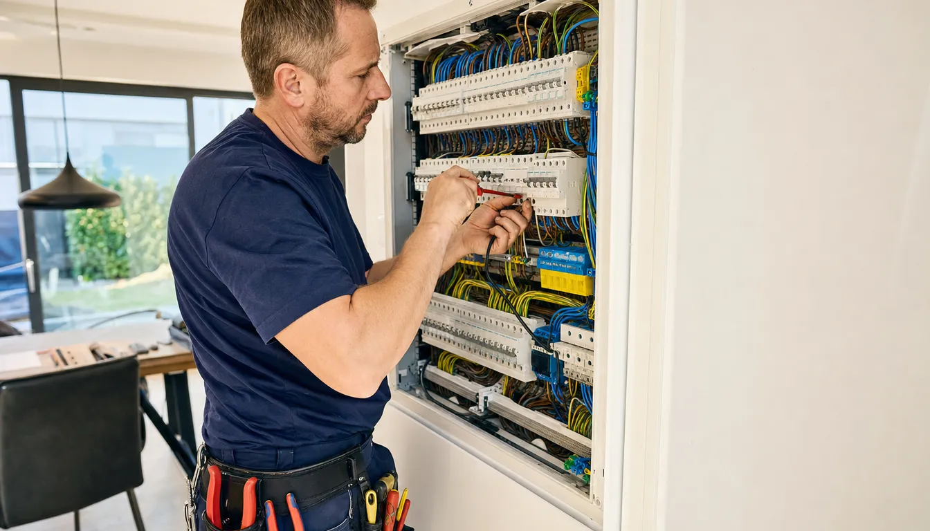 Elektromeister verdrahtet eine neue Unterverteilung in einem Einfamilienhaus